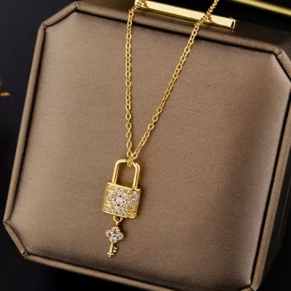 18K Gold Plated Clover Diamond Lock & Key Luxury Inspired Design Necklace